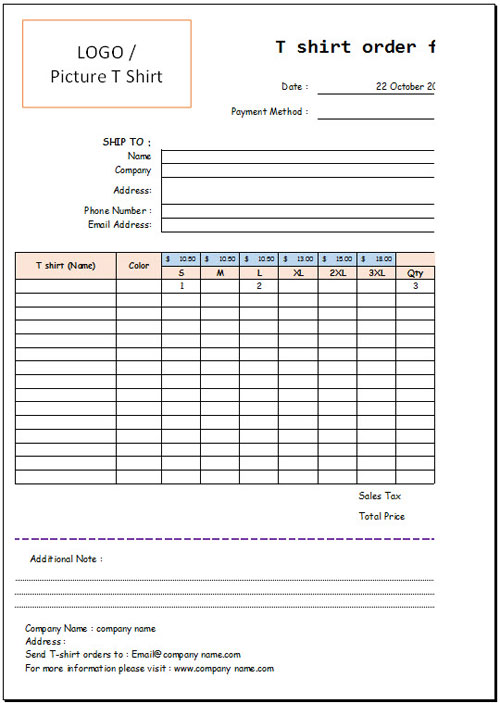 Free T Shirt Order Form Template for Excel 2007   2016