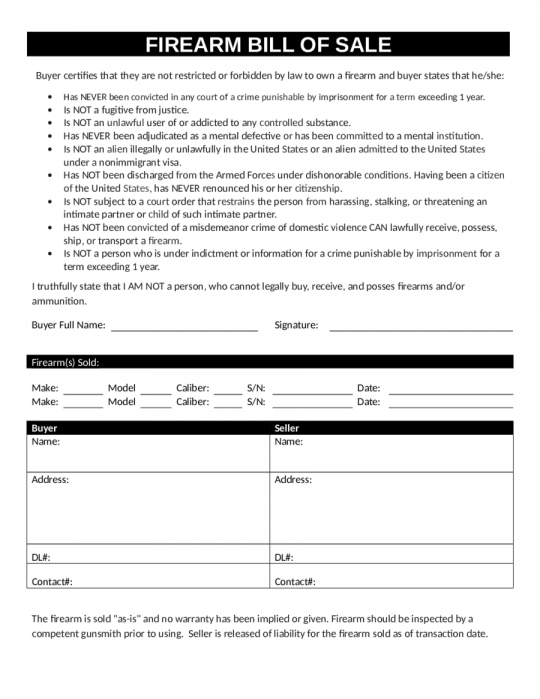 Firearm Bill of Sale Form   7 Free Templates in PDF, Word, Excel 