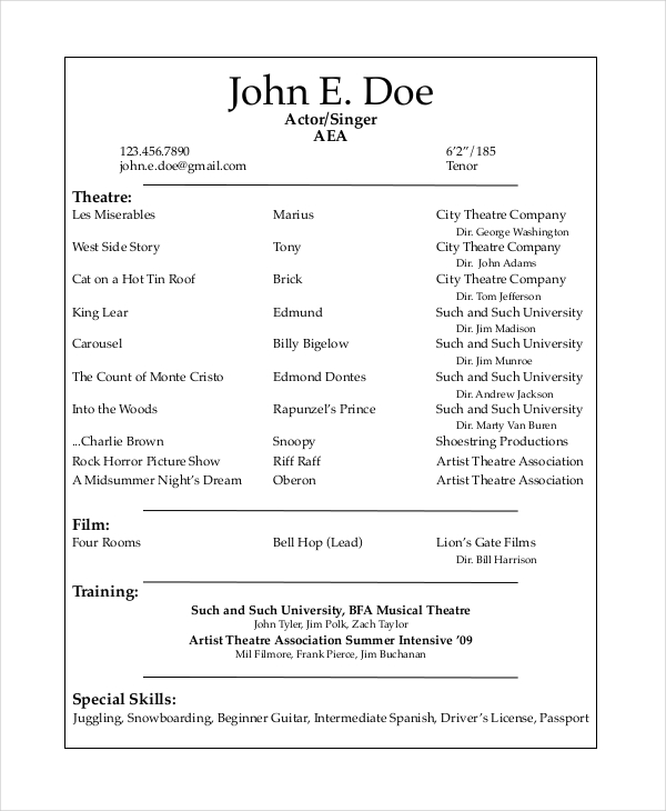 Resume. Theatre Resume Example   Adout Resume Sample