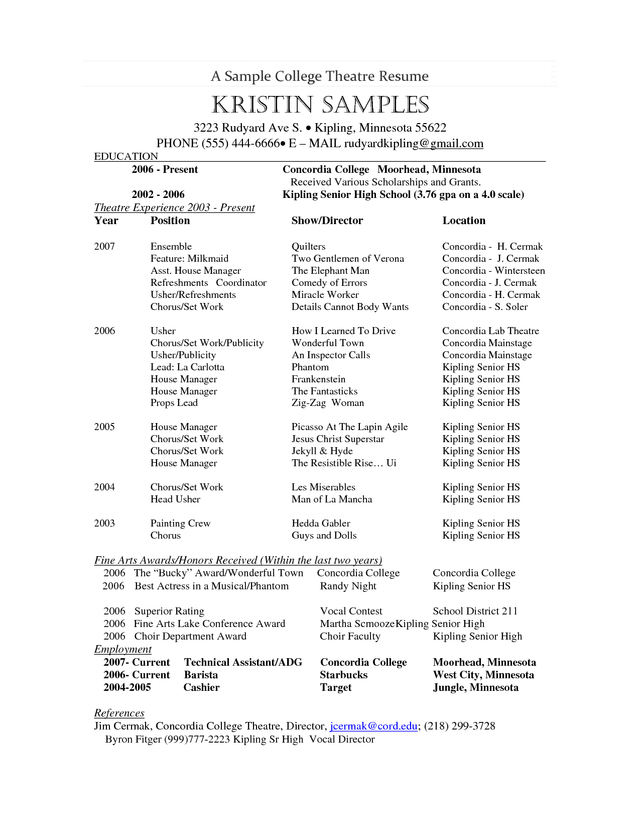Theatre Resume E Theatre Resume Example On Professional Resume 