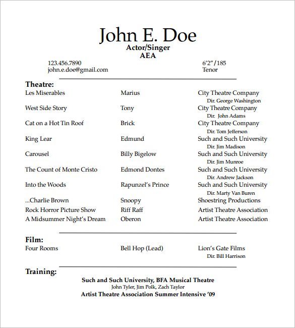 Theatre Resume Template 10 Acting Templates Free Samples | amypark.us